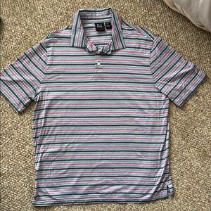 Jos. A. Bank fuschia, black, white and Blue striped Polo Shirt